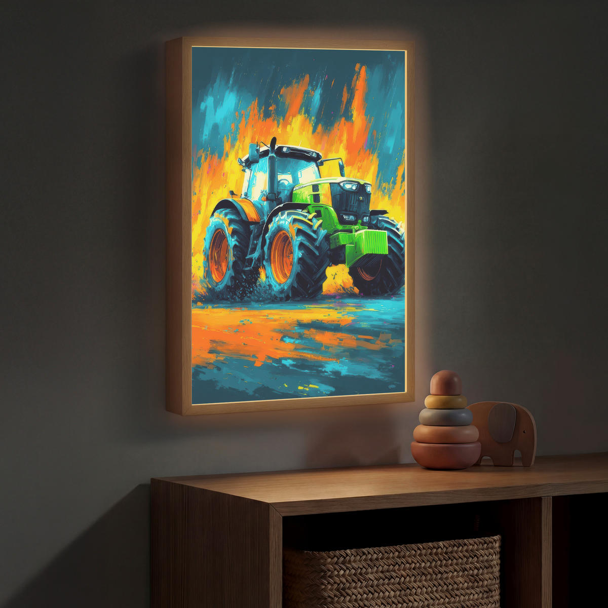 NÁSTĚNNÁ LAMPA S AKUMULÁTOREM Abstrakt - Traktor - Zelený 40x60 cm - tmavě modrá, kompozitní dřevo (40/60/8cm) - OnlyWow
