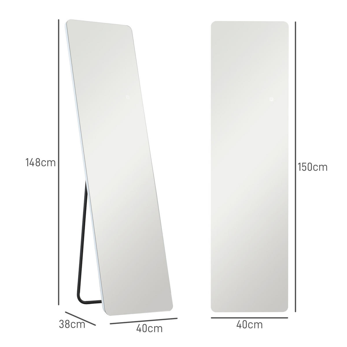 GANZKÖRPERSPIEGEL, 150 x 40 cm Standspiegel mit LED-Beleuchtung, Transparent - Transparent, Metall (2.9/150/40cm) - HOMCOM