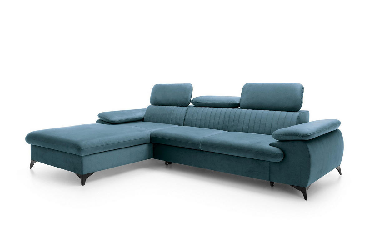 ECKSOFA FIORE Blau Velours-Stoff mit Schlaffunktion - Blau, Holz (280/193cm) - MASSENO