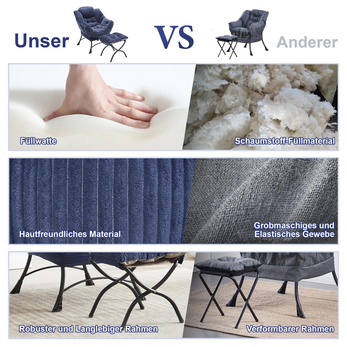 LOUNGESESSEL Relaxsessel mit Hocker,dicke Polsterung,Blau - Blau, Metall (70/95/64cm) - LVHOM