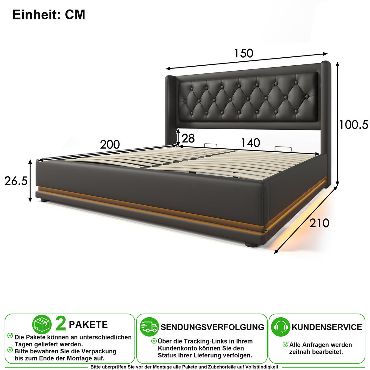 POLSTERBETT 140/200 cm in Schwarz mit Bettkasten, LED und USB/Type-C - Schwarz, Holzwerkstoff/Textil (140/200cm) - CHICFURN