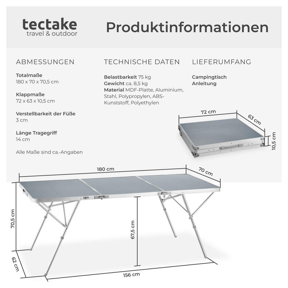 CAMPINGTISCH Jumbo,180 x 70 x 70,5 cm,silber - Silberfarben, Metall (180/70/70.5cm) - tectake
