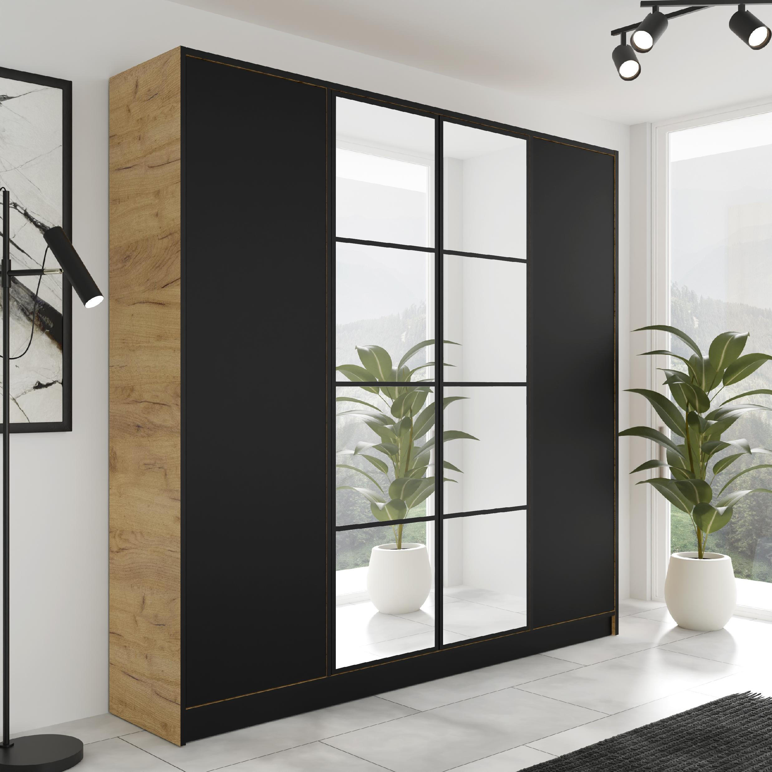 KLEIDERSCHRANK EDEN 4-Türen v4 - 206,4x205x39 cm - Craft Eiche, Schwarz - Honigeiche/Schwarz, Holzwerkstoff (206.4/205/39cm) - Kier Furniture