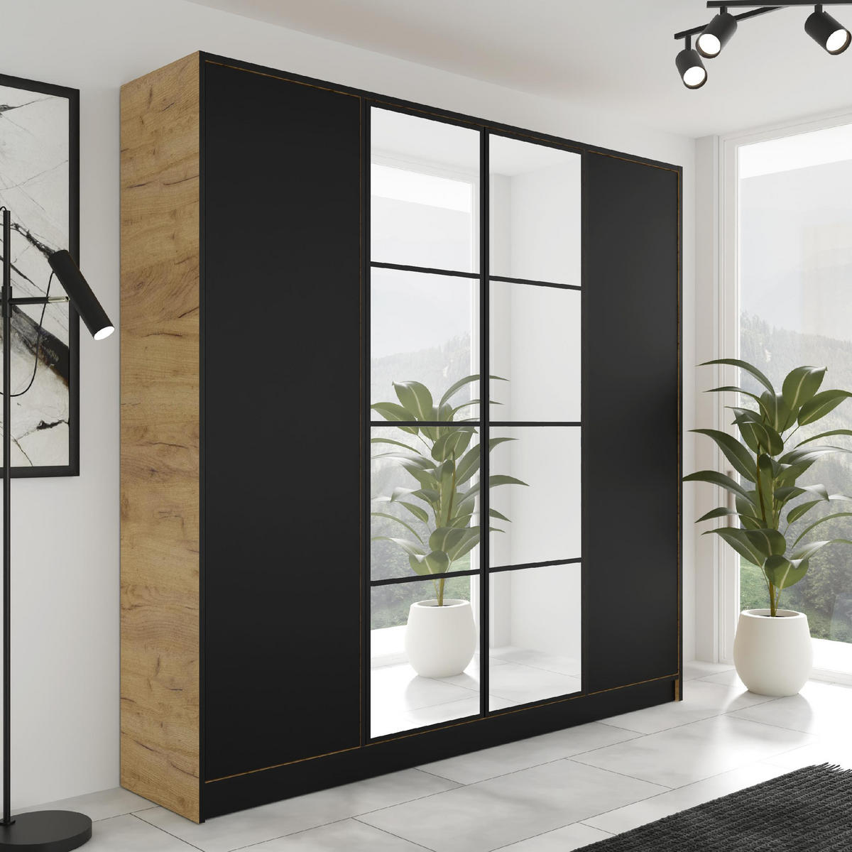 KLEIDERSCHRANK EDEN 4-Türen v4 - 206,4x205x39 cm - Craft Eiche, Schwarz - Honigeiche/Schwarz, Holzwerkstoff (206.4/205/39cm) - Kier Furniture