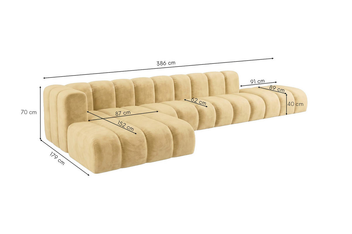 ECKSOFA Modulares In L-Form Mit Hocker, Velvet-Stoff Riviera, Buttergelb, Links, GRAND - Hellgelb, Holz (386/179cm) - Kaiser Möbel