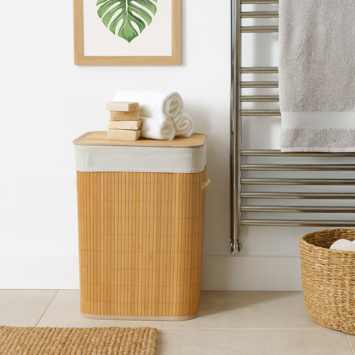 WÄSCHEKORB Bambus Stoff Naturfarben mit Deckel 40x30x60 cm - Naturfarben, Holz (40/60/30cm) - Begryf
