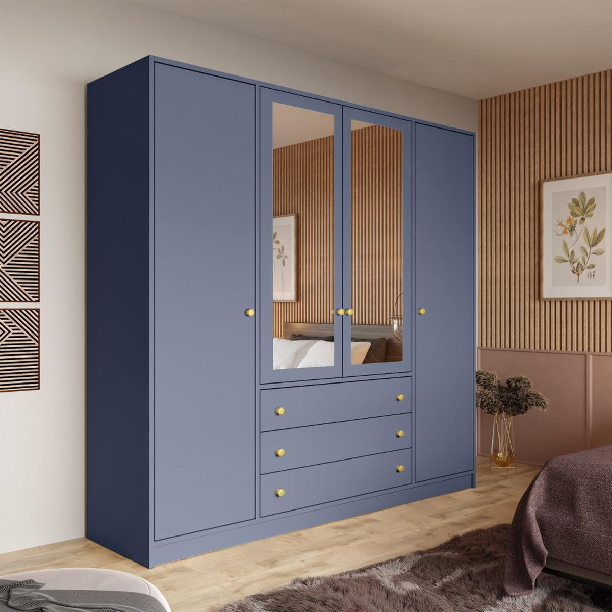 DREHTÜRENSCHRANK Solea Lux mit 4 Türen und 4 Schubladen, Blau - Blau/Goldfarben, Holzwerkstoff (196/200/58cm) - Beautysofa