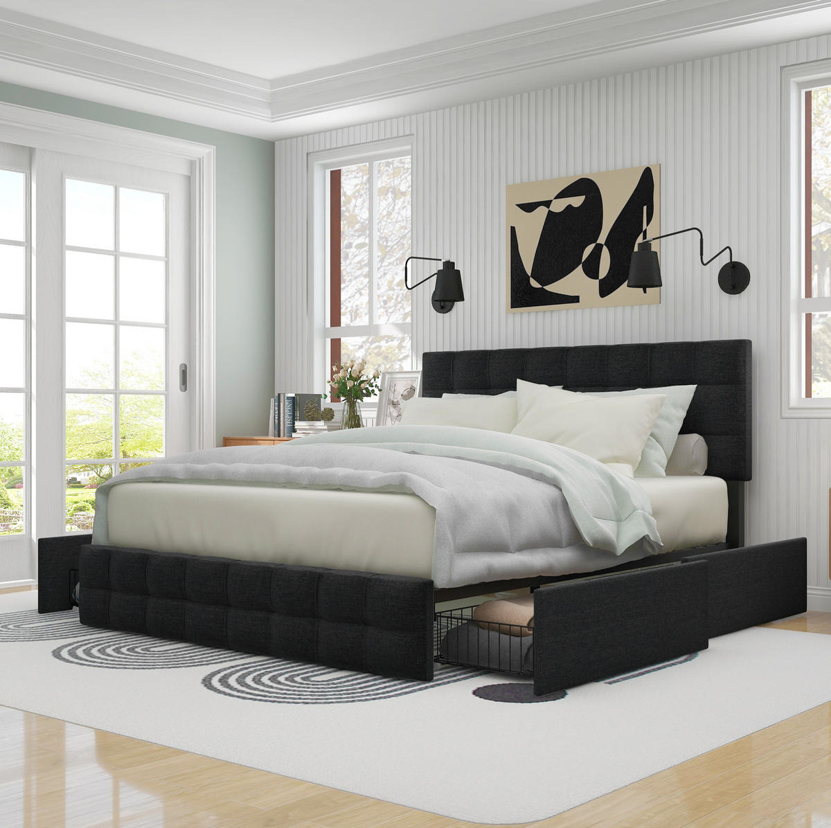 POLSTERBETT 140/200 cm mit 4 Schubladen, höhenverstellbarem Kopfteil & Stahl-Lattenrost, Schwarz - Schwarz, Textil (140/200cm) - Redom