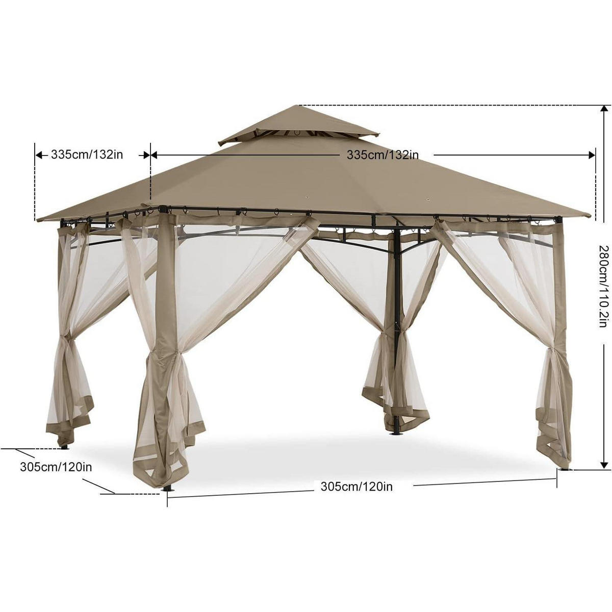 GARTENPAVILLON mit Netz 3.35 x 3.35 m Khaki - Olivgrün, Textil (304.8/280.4/304.8cm)
