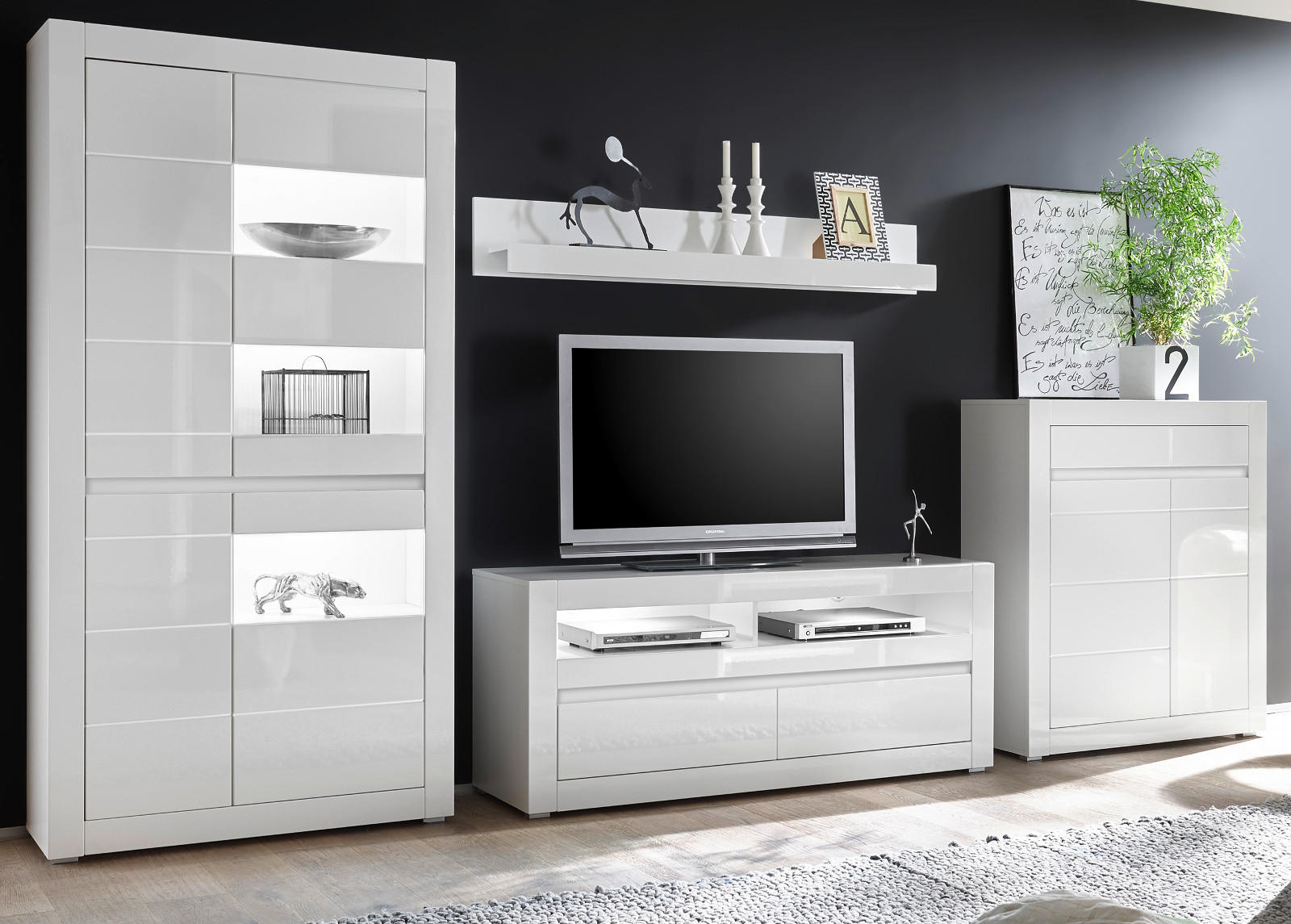 WOHNWAND 4-teilig weiß Hochglanz 370 cm, Schrankwand mit Soft-Close - Weiß Hochglanz/Weiß, Glas/Holz (370/198/42cm) - Furn.Design