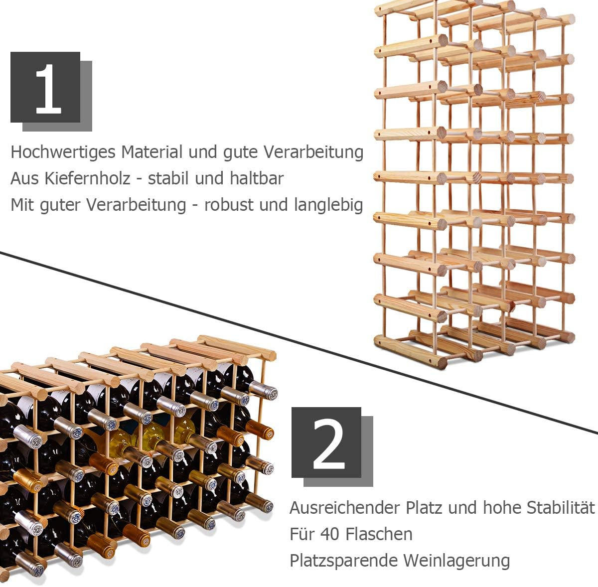WEINREGAL 40 Flaschen Holz - Naturfarben, Holz (24/44/85cm) - COSTWAY