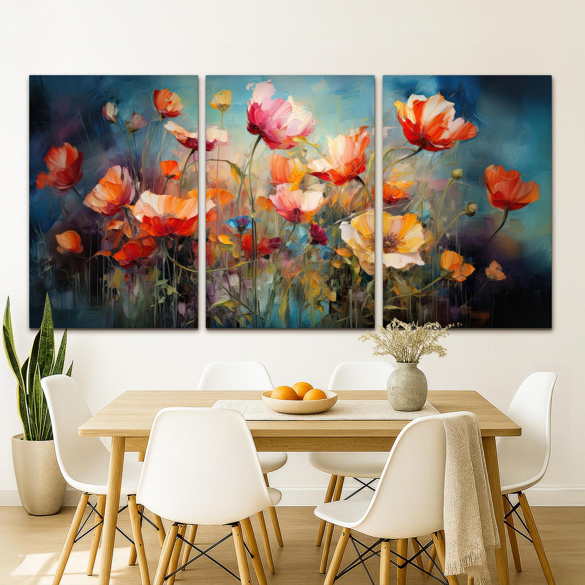 LEINWANDBILD 3er Set Blumen - Bunt - Abstrakt 240x120 cm - Blaugrau, Textil (240/120cm) - MuchoWow