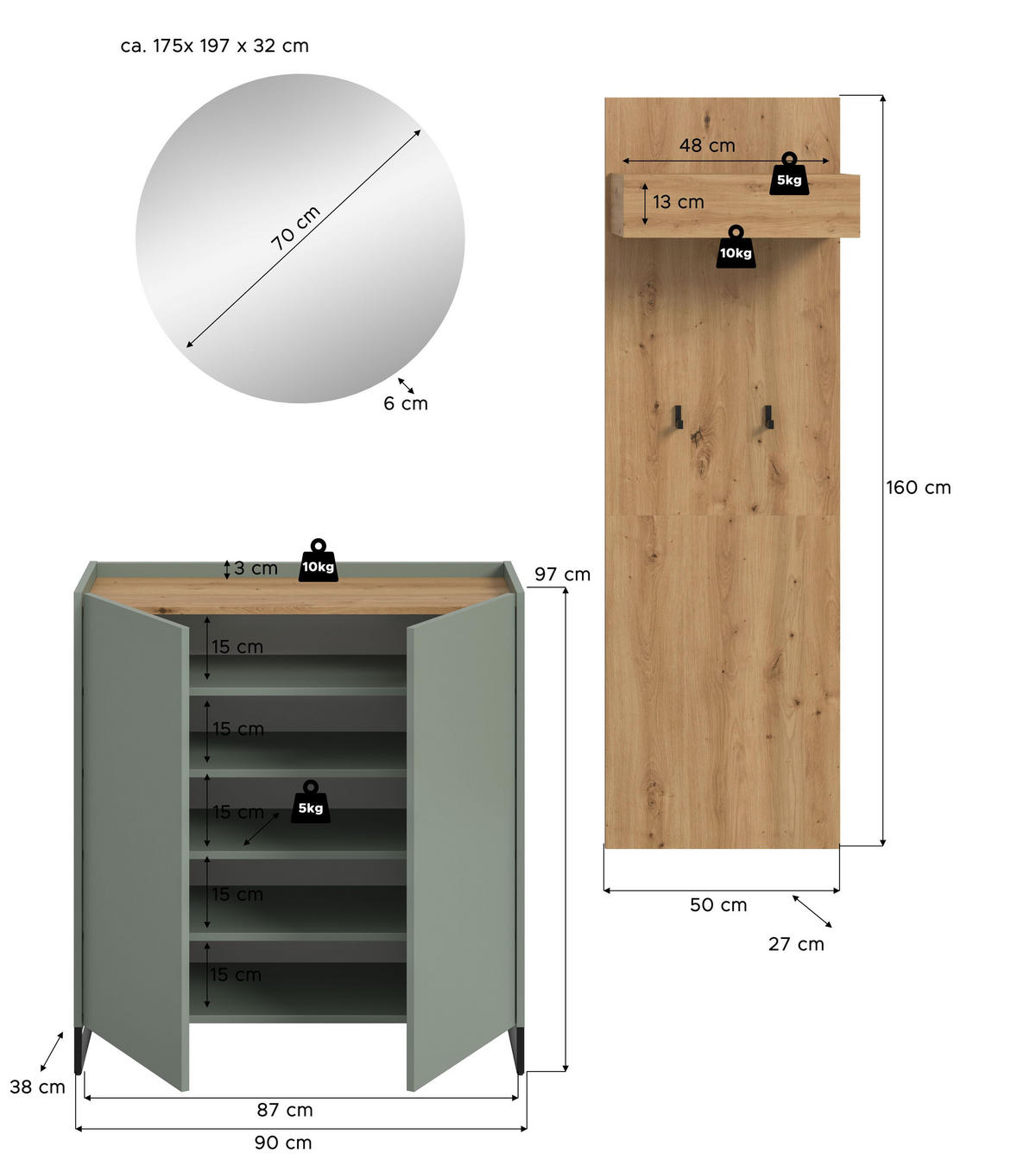 GARDEROBEN-SET DRIVE (B/H/T: ca. 175/197/38 cm) in Salbei/Salbei - Salbeigrün, Holzwerkstoff (175/197/38cm)