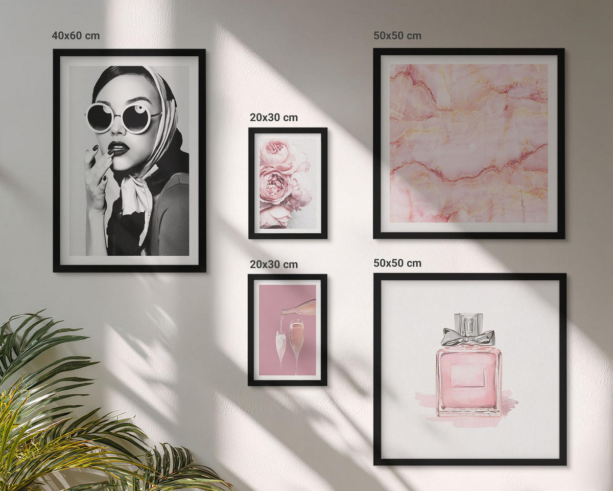 BILDER SET 5er Set - 50x50 cm & 20x30 cm & 40x60 cm Schwarzer Rahmen - Stilvolle pinkfarbene Accessoires - Schwarz, Kunststoff (40/60cm) - TULUP
