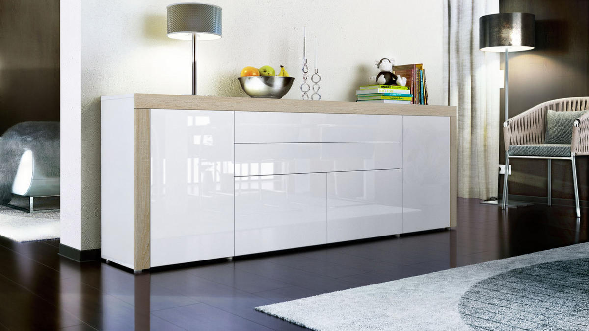 SIDEBOARD La Paz Weiß Hochglanz / Eiche sägerau - Weiß Hochglanz, Holzwerkstoff (200/72/35cm) - Vladon