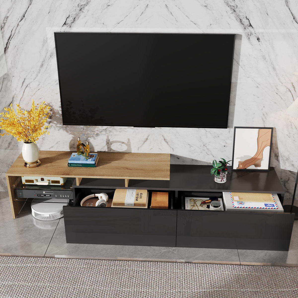 TV-SCHRANK Modern Hochglanzschwarz Holzoptik Glasböden LED-Beleuchtung - Schwarz, Holz (42.19/18.42/143cm) - FLIEKS