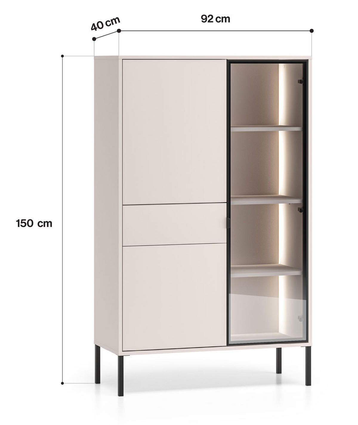 VITRINE Barnee Kaschmir 92 / 40 / 150cm - Kaschmir/Beige, Holz/Holzwerkstoff (92/150/40cm) - Feldmann-Wohnen