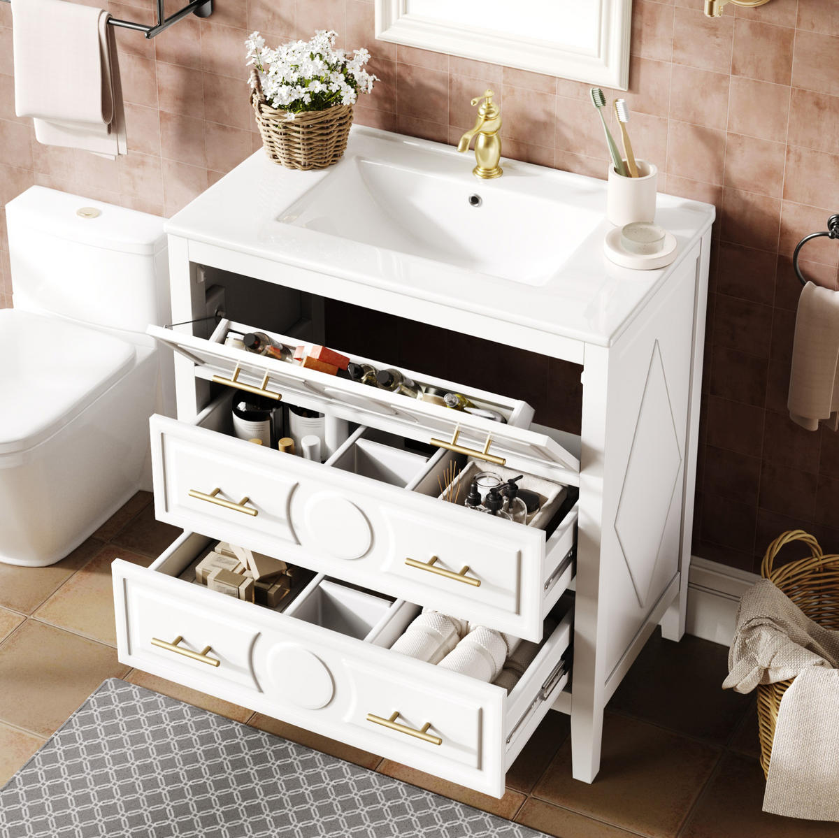 BADEZIMMERUNTERSCHRANK aus MDF 81x46,5x86,5 cm Weiß mit Keramikbecken, 3 Schubladen und Soft-Close - Weiß, Holzwerkstoff (81/86.5/46.5cm) - Modfu