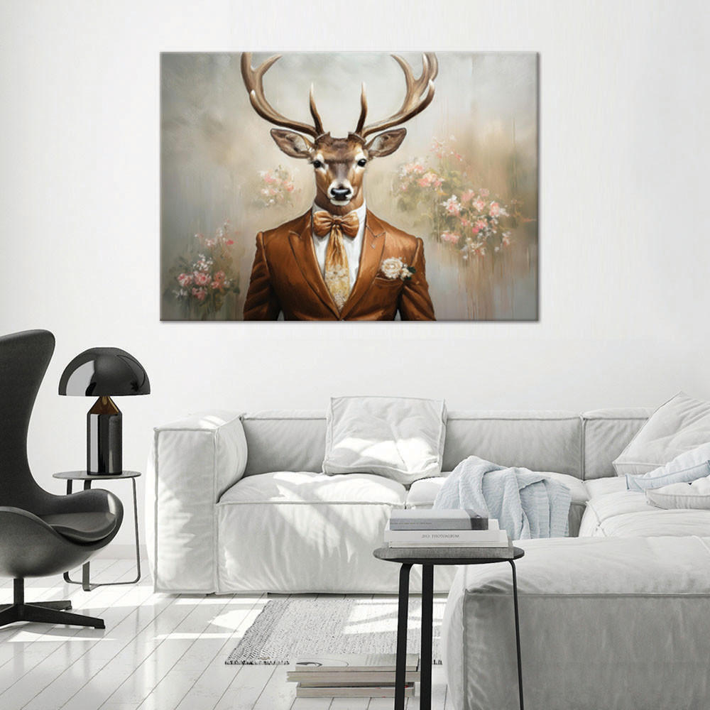 WANDBILD hirsch im anzug retro blumen - Braun, Textil (60/40cm) - Feeby