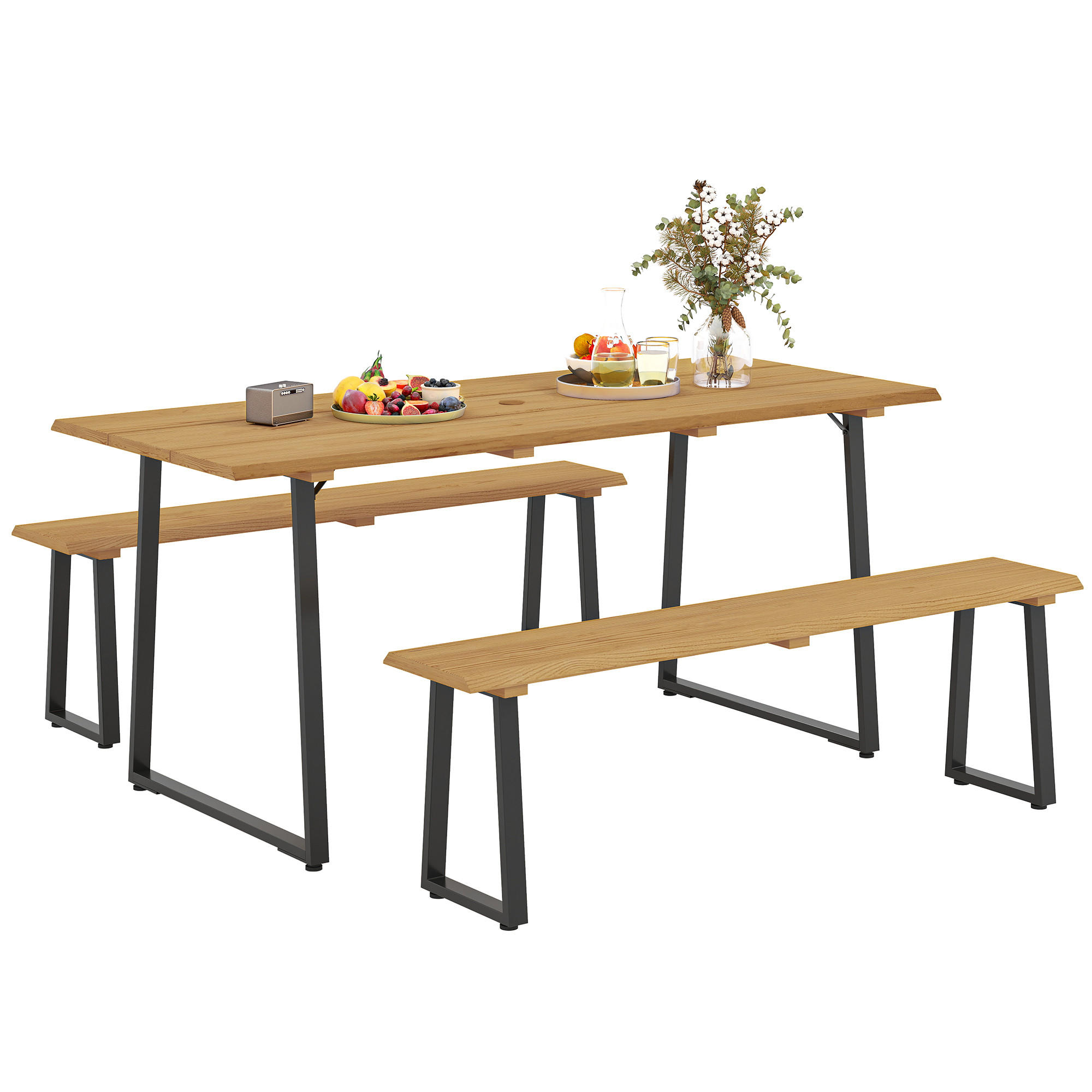 SITZGRUPPE 3-teilig DE-09718 mit Schirmloch, für 6 Personen Naturholz - Naturfarben, Metall - ComfortXL