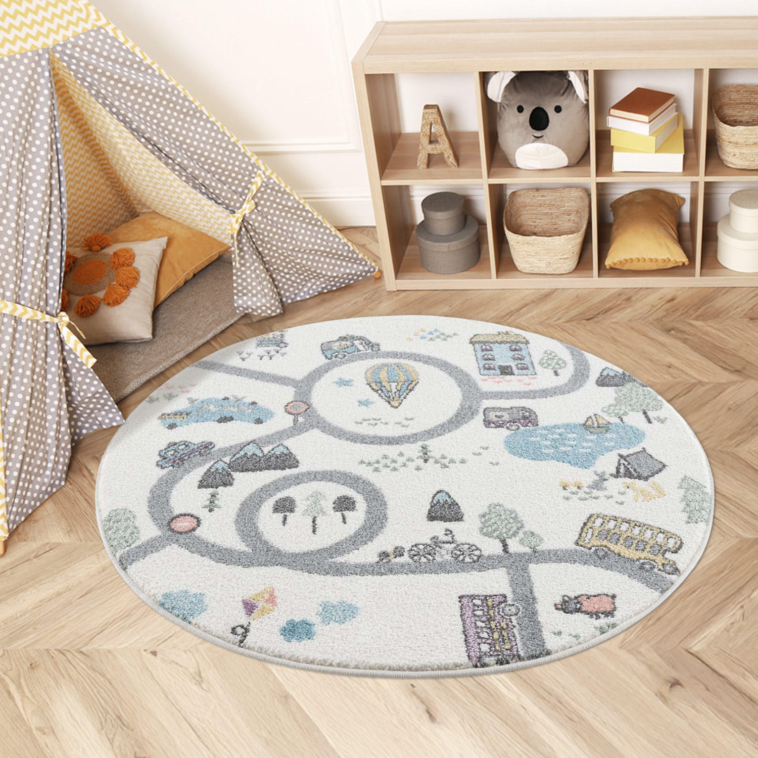 Thumbnail - carpet city Kinderteppich, Creme, Textil, Fahrzeuge, Rund, 120x120 cm, Oeko-Tex® Standard 100, für Fußbodenheizung geeig...
