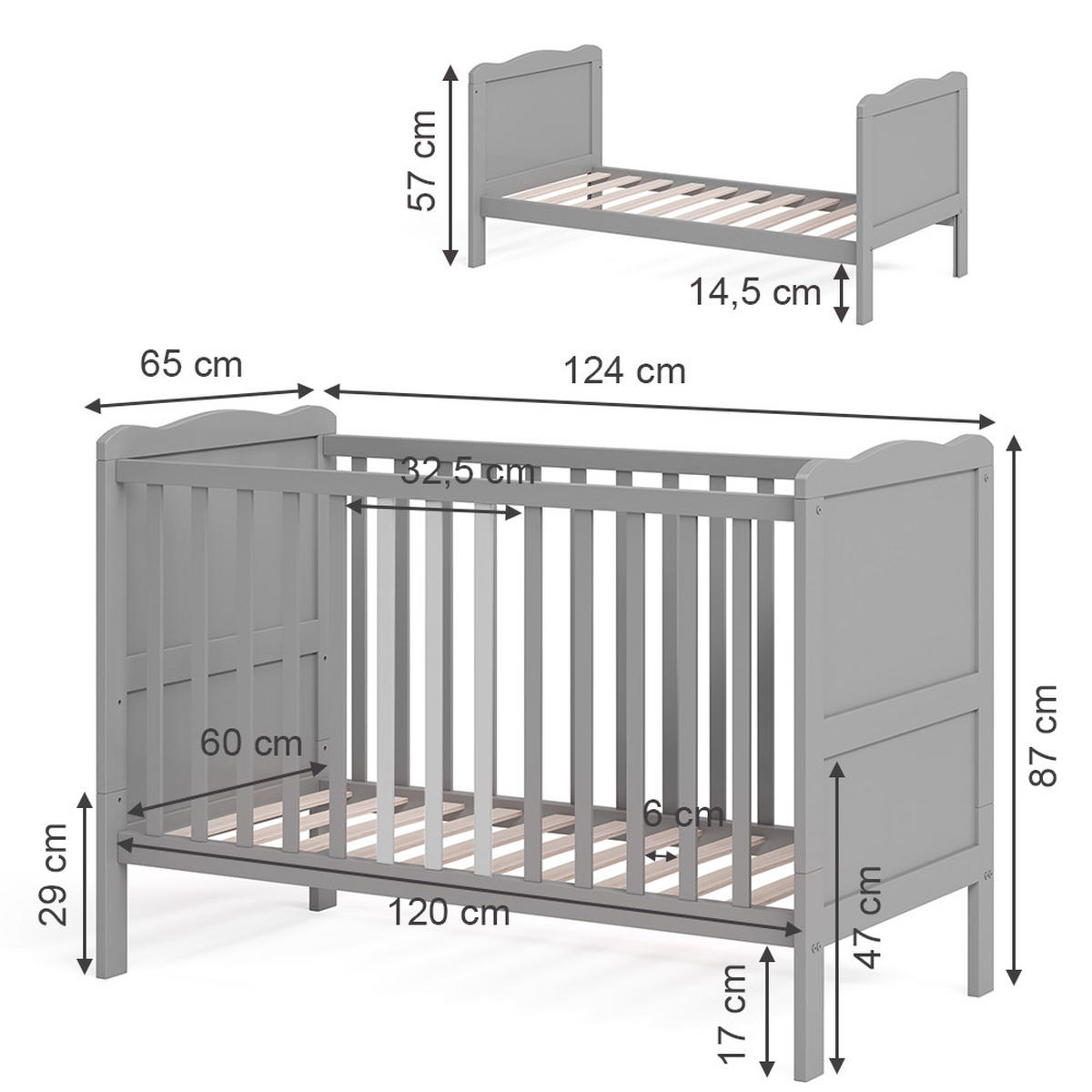 BABYBETT Tobi Grau 60x120 cm - Grau, Holz (60/120cm) - VitaliSpa