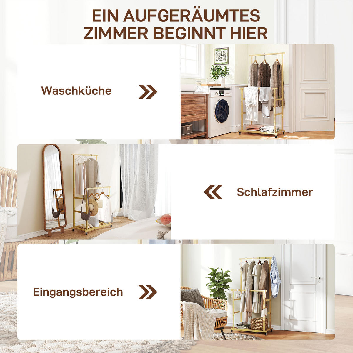 KLEIDERSTÄNDER mit Rollen Garderobenständer mit Kleiderstange Schuhablage Bambus - Naturfarben, Naturmaterialien/Bambusholz (40/160/80cm) - HOMCOM