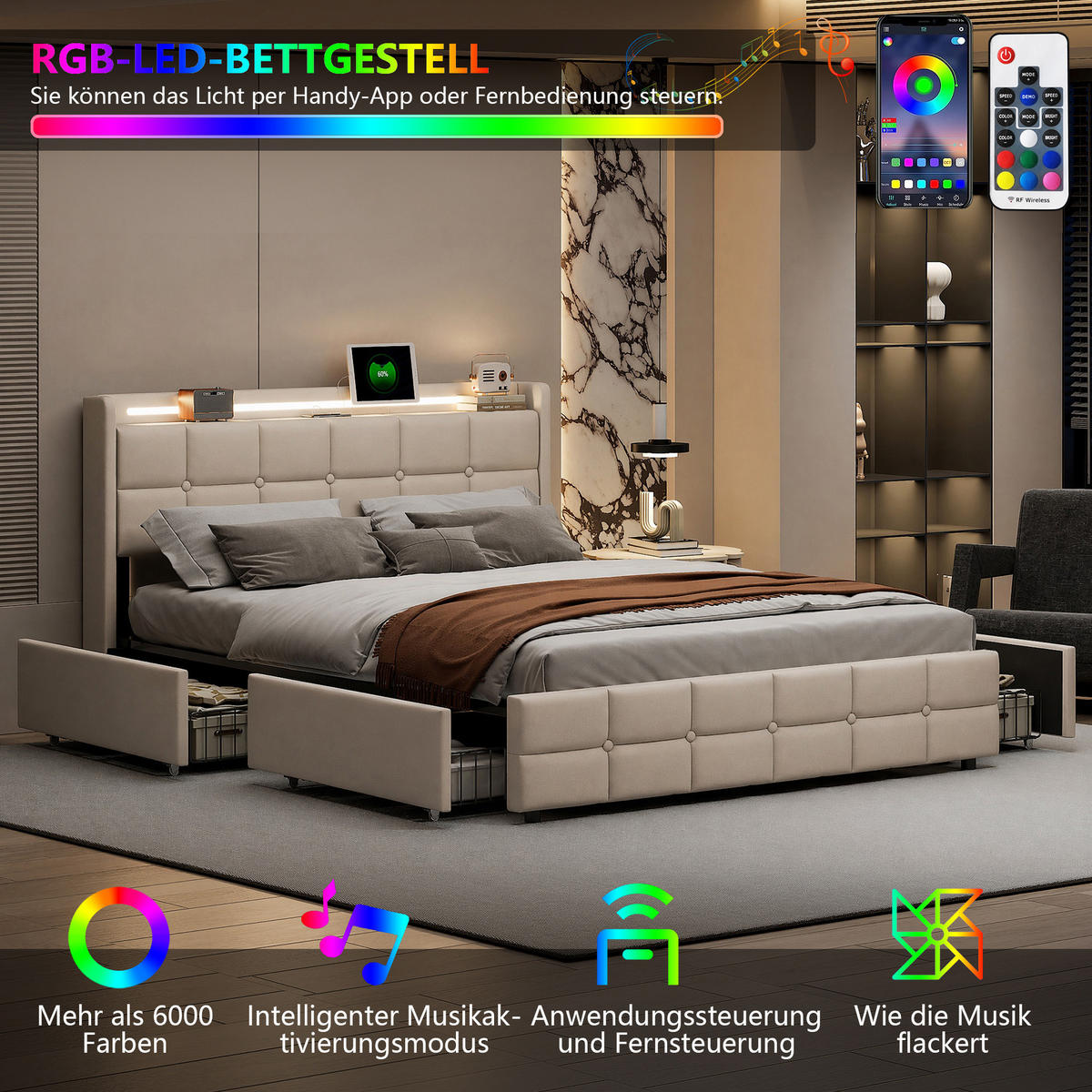 MANŽELSKÁ POSTEĽ 140x190 cm s LED, USB, 4 zásuvkami a ľanovým poťahom - béžová, drevo (140/200cm) - SHOPENTRA