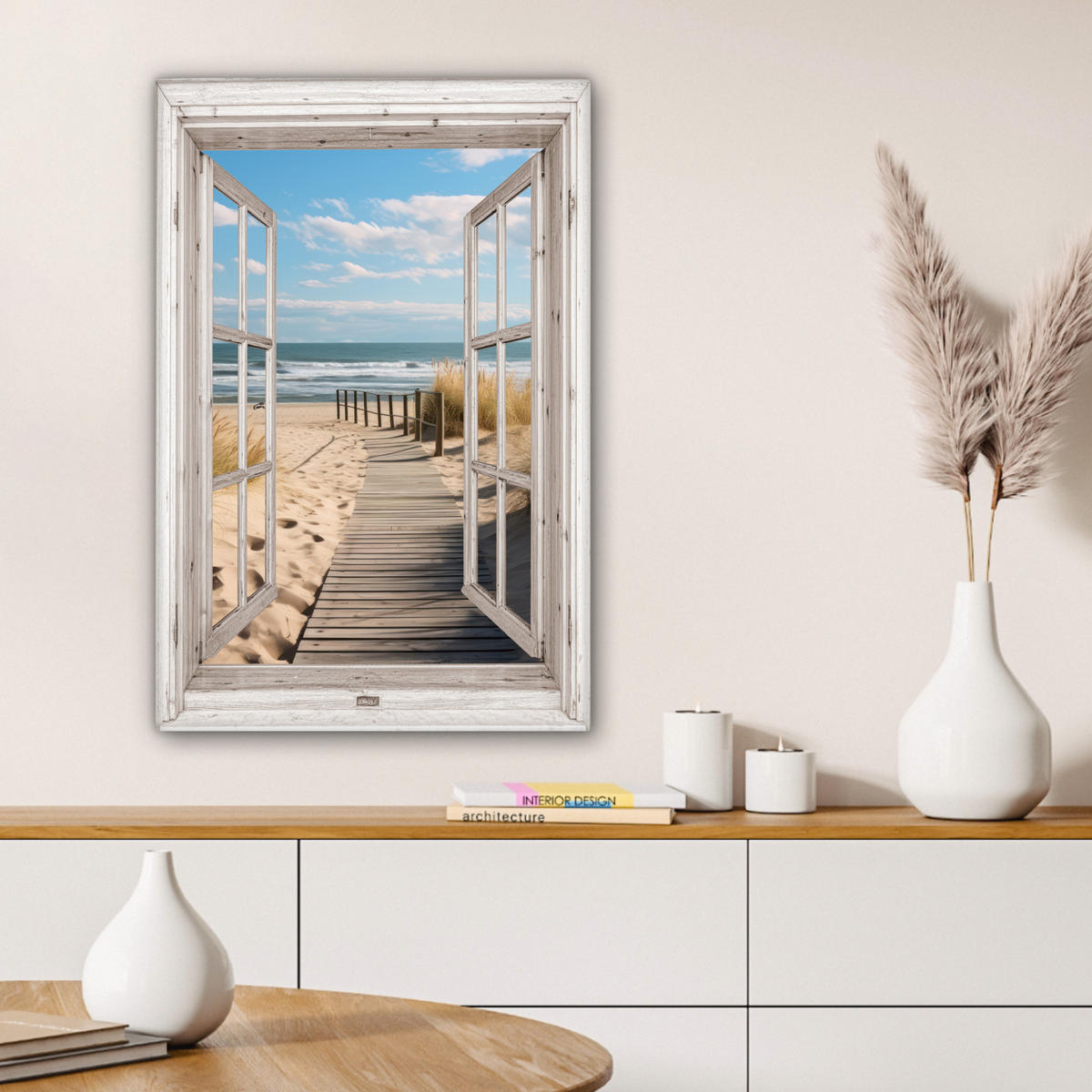 LEINWANDBILD Fenster - Meer - Küste - Natur - Ausblick - Strand - Wattenmeer Wanddeko 40x60 cm - Beige, Textil (40/60cm) - MuchoWow