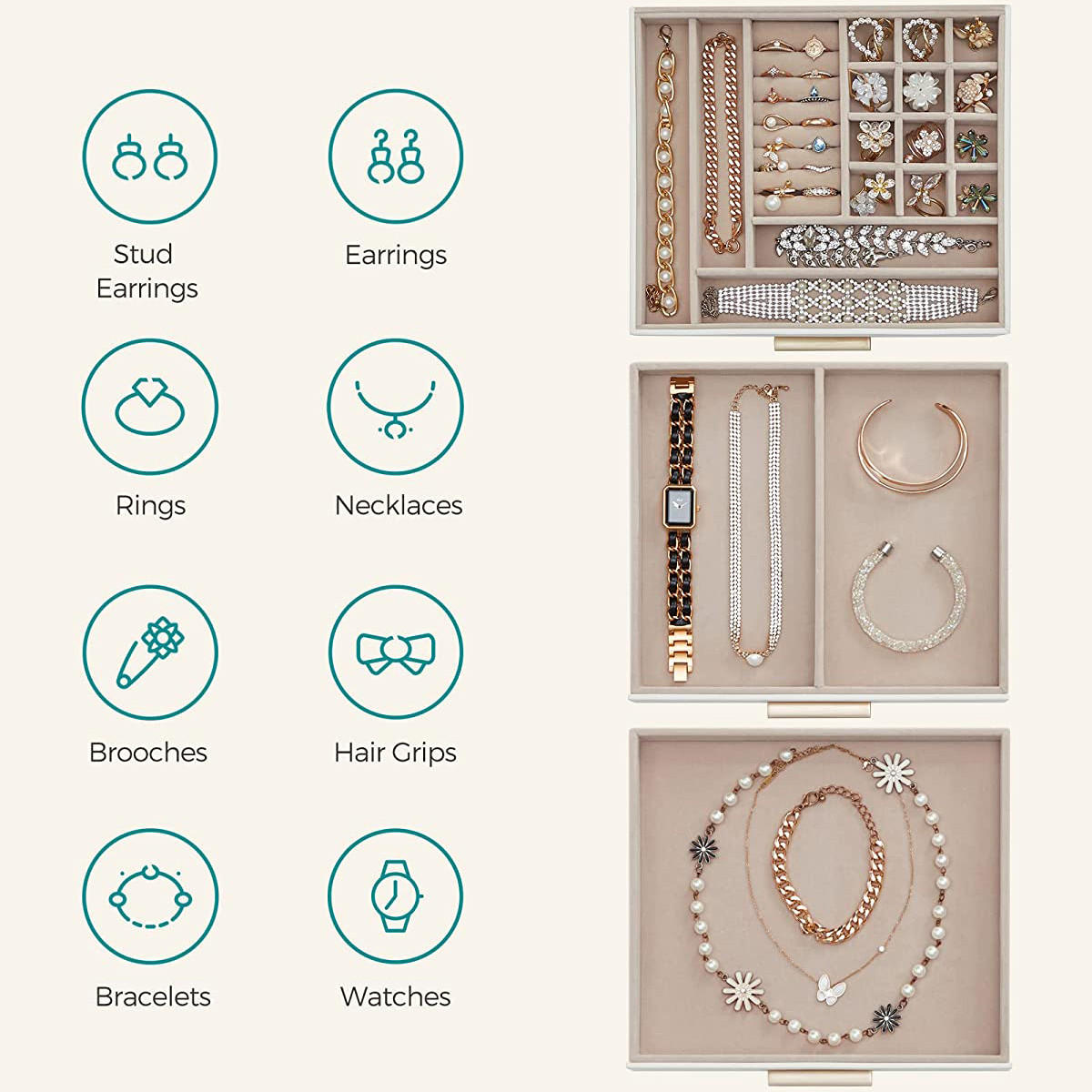 SCHMUCKSCHATULLE auf 3 Ebenen mit Glasdeckel und 2 Schubladen - L23,1 cm - Weiß, Holzwerkstoff (20.3/13.5/23.1cm) - Calicosy