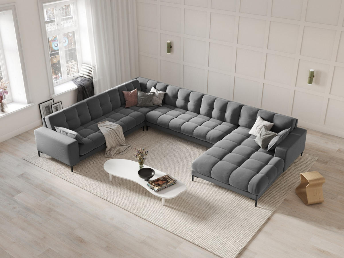 PANORAMASOFA links Mamaia aus Samt hellgrau 7 Sitzplätze - Hellgrau, Textil (256/75/327cm) - Micadoni
