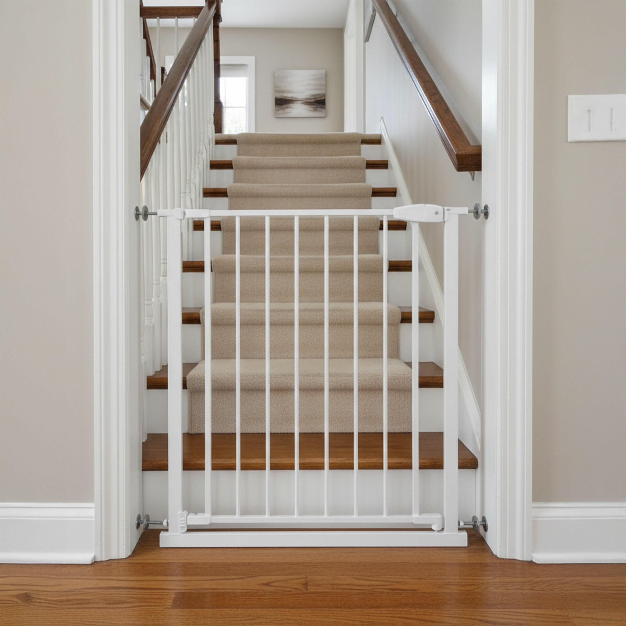 Thumbnail - Relaxdays Treppenschutzgitter, Weiß, Kunststoff, Metall, 80x1 cm, Kindersicherheit, Treppenschutzgitter