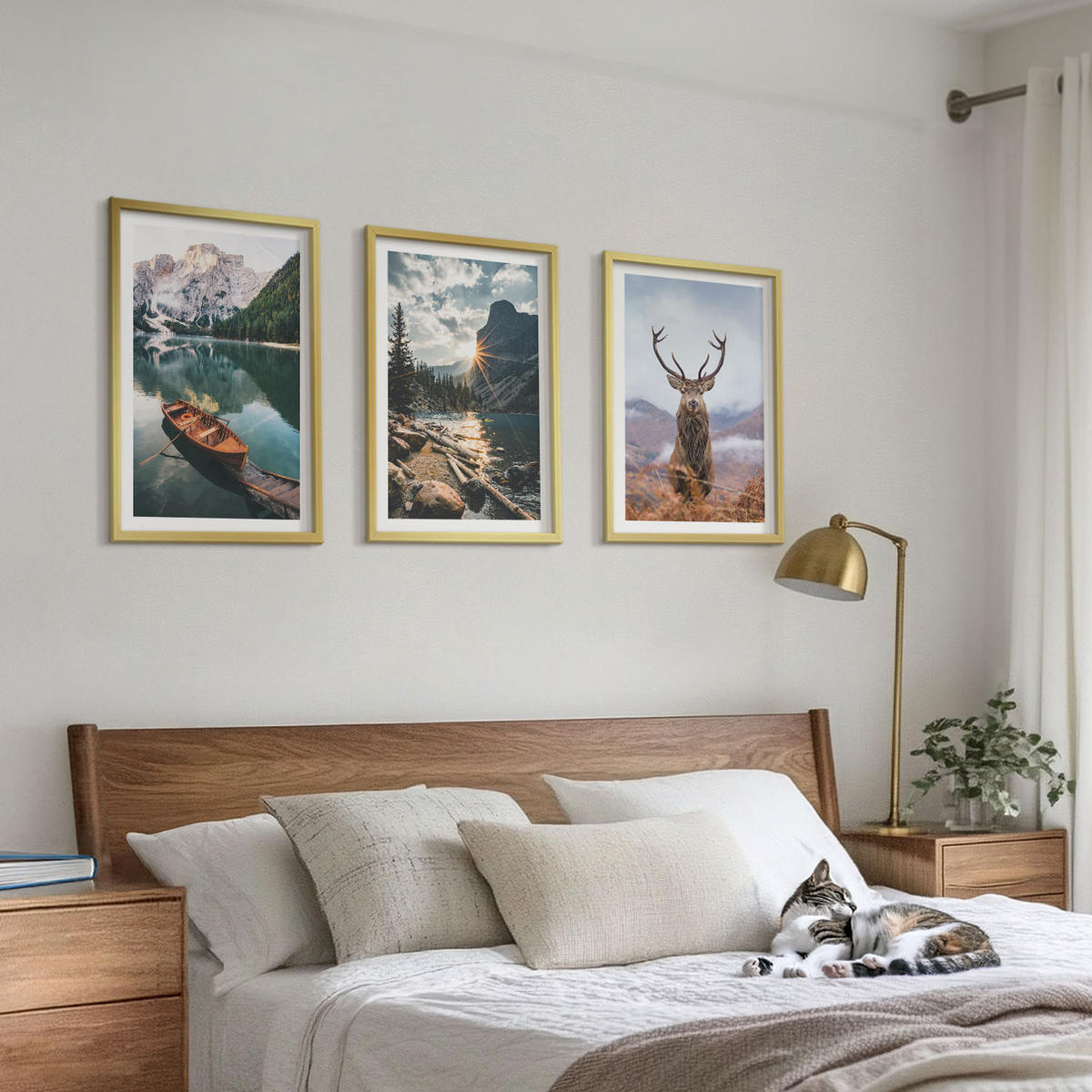BILDER SET 3er Set - 40x60 cm Goldrahmen - Bergsee, Bootsfahrt, Sonnenuntergang, Hirsche - Goldfarben, Kunststoff (40/60cm) - TULUP