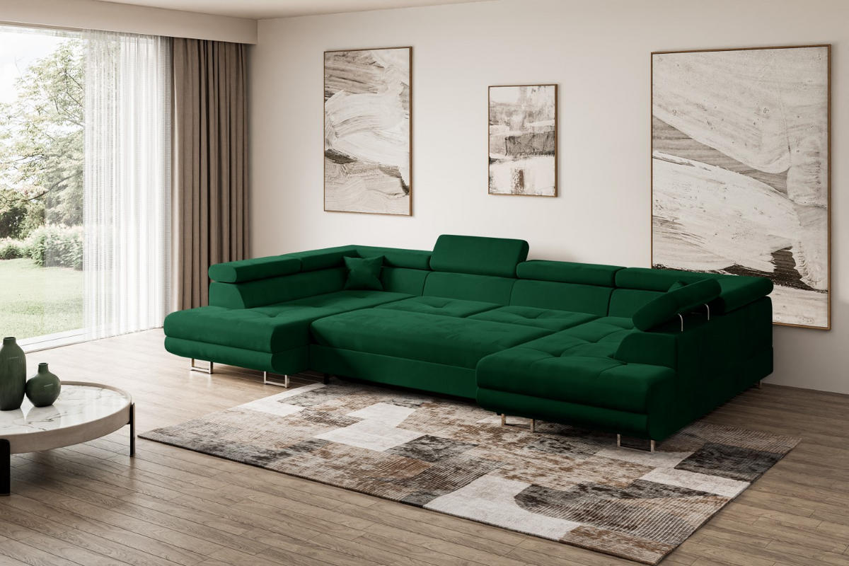 WOHNLANDSCHAFT mit Schlaffunktion und Bettkasten GUSA-U 342x202x107 cm Grün Velours - Silberfarben/Grün, Holzwerkstoff/Textil (342/107/202cm) - ALTDECOR