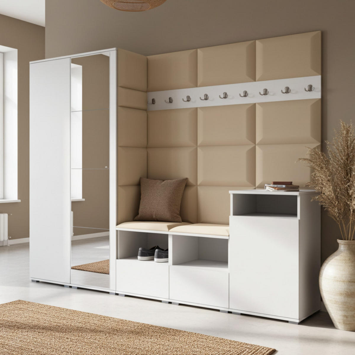 GARDEROBE NELA VIII 250 cm (Modulare Flurmöbel Weiß mit Spiegel & Sitzpolster Beige 04 Set XL) - Beige/Silberfarben, Holz/Holzwerkstoff (250/187/40cm) - Ravio