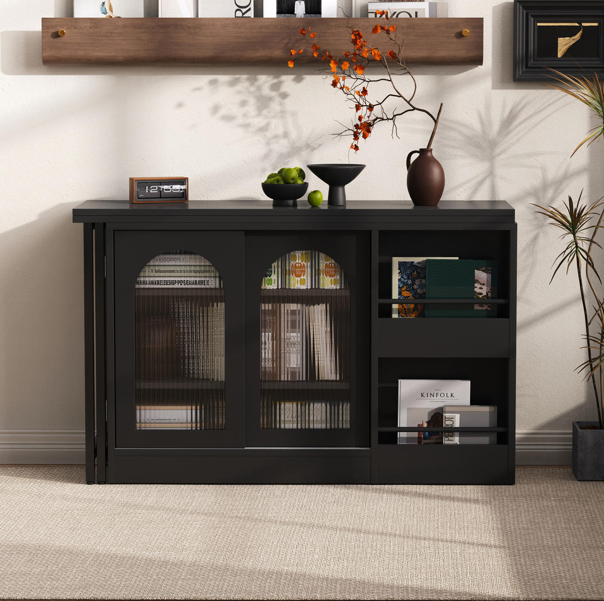BAROVÝ stůl 121,5/40/76,7 cm s otočnou deskou 360° a úložným prostorem z MDF, Černá - černá, kompozitní dřevo (121.5/40/76.7cm) - Redom