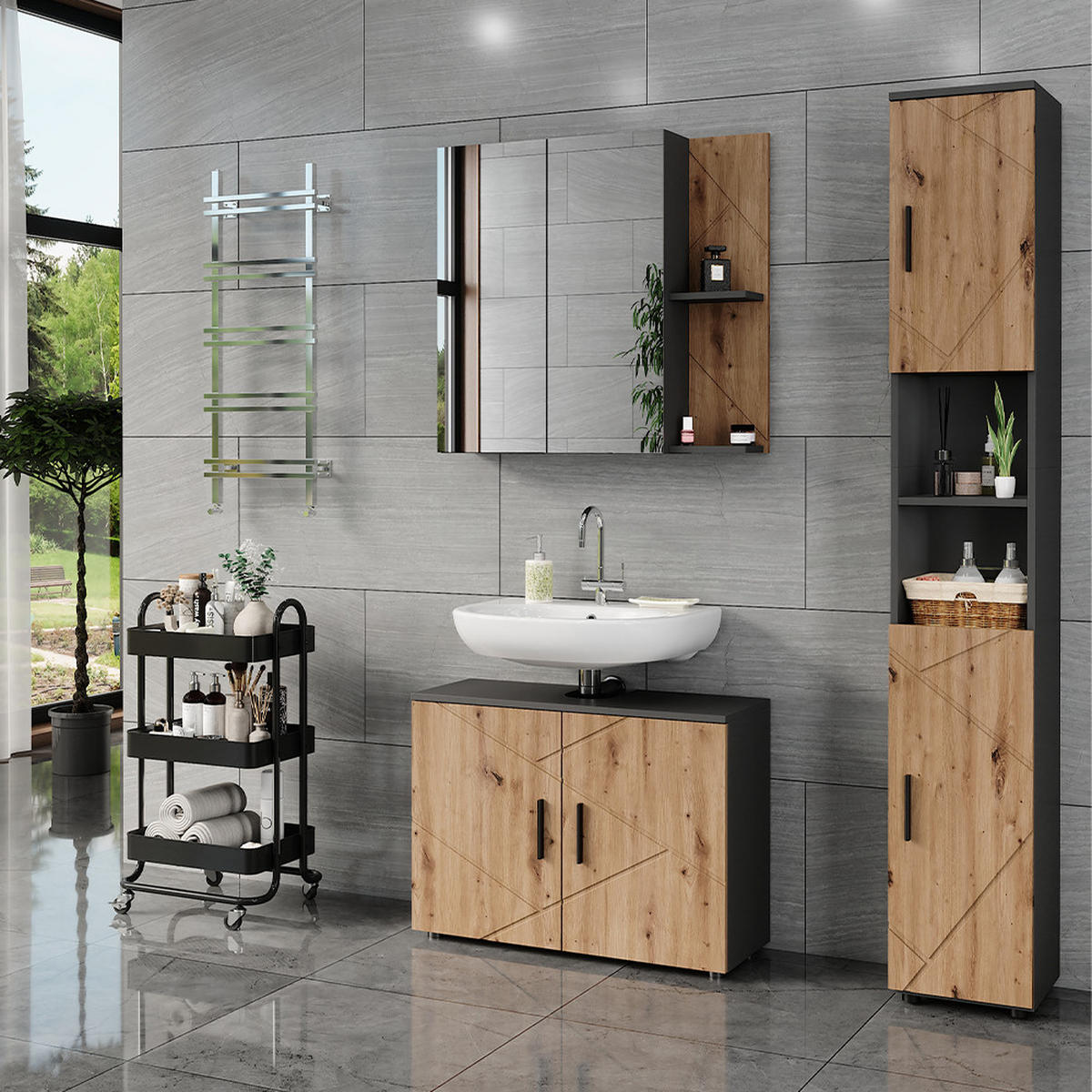 BADMÖBEL-SET Irma Anthrazit/Artisan 3 Teile - Anthrazit/Hellgrau, Holzwerkstoff (80/59/30cm) - Vicco