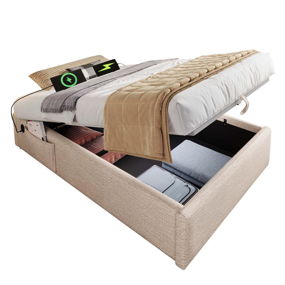 POLSTERBETT 90/200 cm mit Stauraum aus Leinen und USB-C-Anschluss - Beige, Textil (90/200cm) - OKWISH