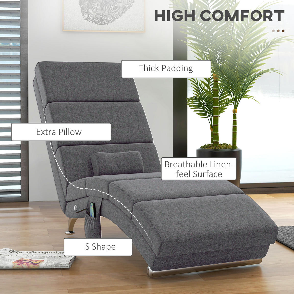 BODENSTUHL, Massagesessel Relaxsessel Liegesessel mit Fernbedienung - Dunkelgrau/Silberfarben, Textil/Metall (56/84/168cm) - HOMCOM