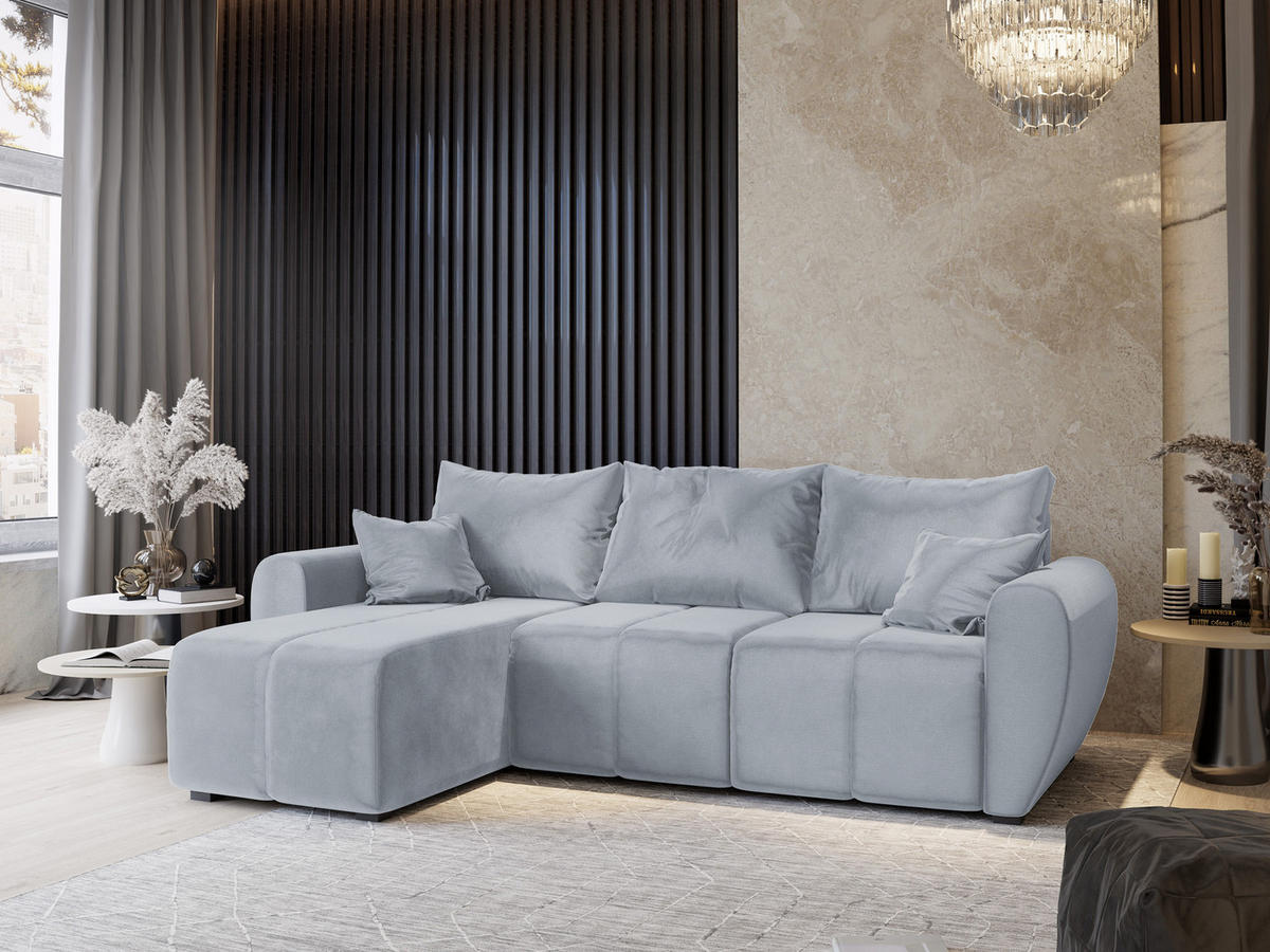 ECKSOFA MADISON Hellgrau Plüsch-Stoff mit Schlaffunktion - Hellgrau, Holz (246/143cm) - MASSENO