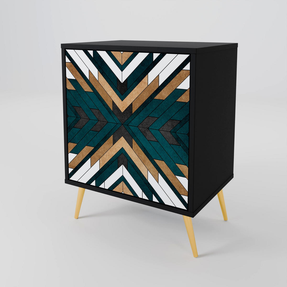 SIDEBOARD ARTISTIC GEOMETRY, Schwarz, 57,5x42x67,5 cm, Schwarze Metall-Rahmenfüße - Multicolor/Schwarz, Holzwerkstoff/Metall (57.5/67.5/42cm) - SpaceRebels