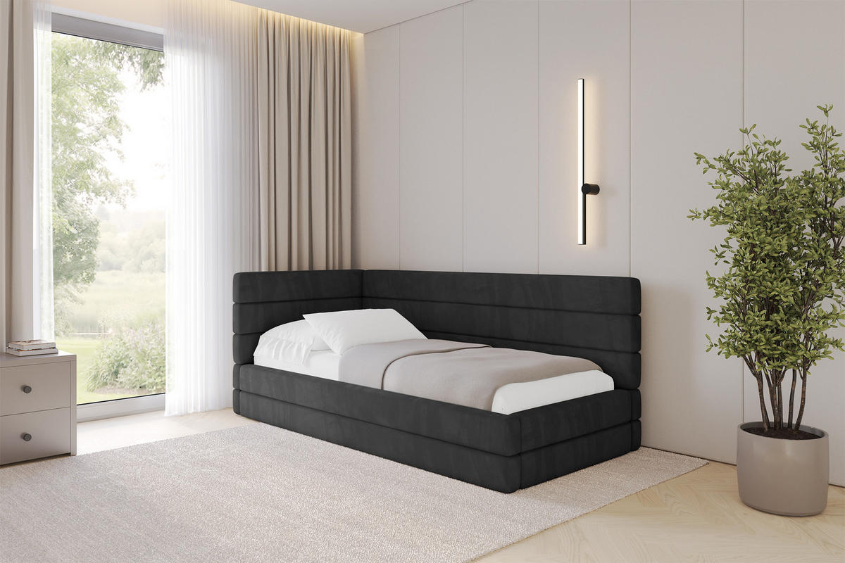 EINZELLBETT Jugendbett mit Bettkasten, Rechts - BEMY 90x200 Schwarz - Anthrazit, Holzwerkstoff/Textil (90/200cm) - ALTDECOR