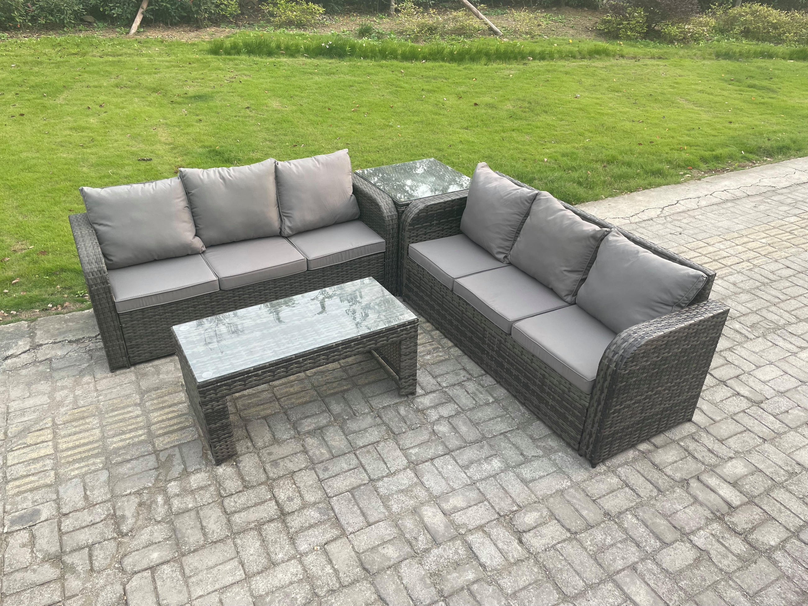 GARTENSOFA SET mit COUCHTISCH Polyrattan 6-Sitzer - Dunkelgrau/Grau, Glas/Kunststoff - Fimous