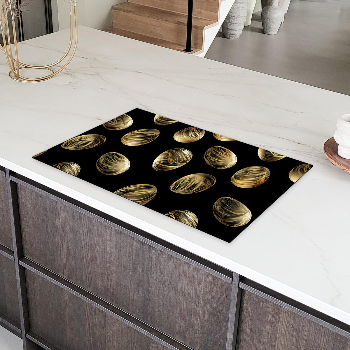HERDABDECKPLATTE Eier - Gold - Muster Induktionsmatte 83x51 cm - Schwarz, Kunststoff (83/51.5/0.2cm) - MuchoWow