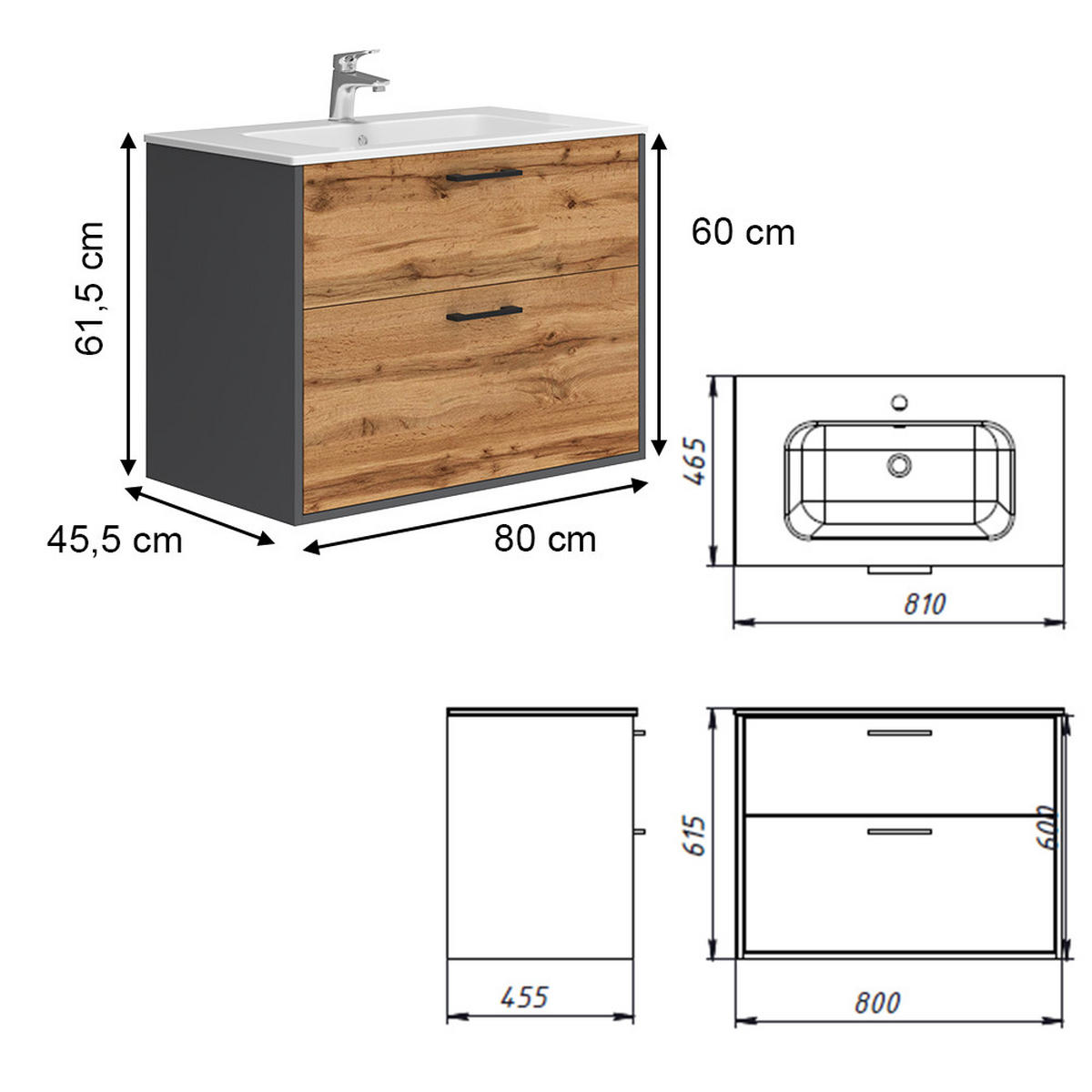 WASCHBECKENUNTERSCHRANK Lanco Anthrazit/Goldkraft Eiche 80 x 61.5 cm mit Waschbecken - Honigeiche/Anthrazit, Holzwerkstoff (80/61.5/45.5cm) - Vicco