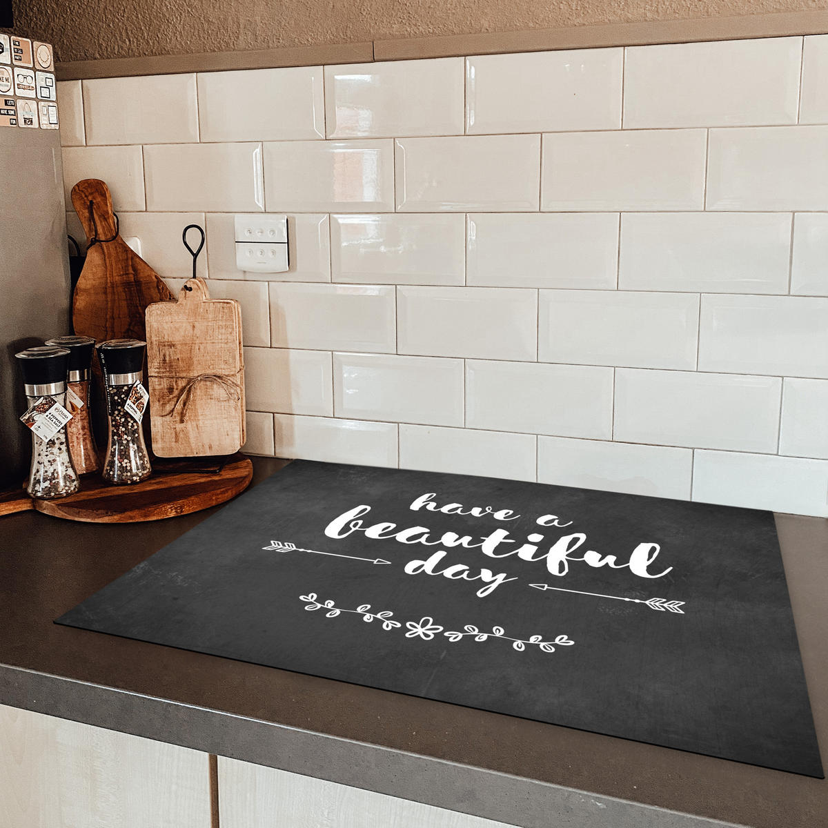 HERDABDECKPLATTE Zitat - Einen schönen Tag - Grau - Weiß Herdabdeckung Induktionsfeld 75x52 cm - Anthrazit, Kunststoff (75/52/0.2cm) - MuchoWow