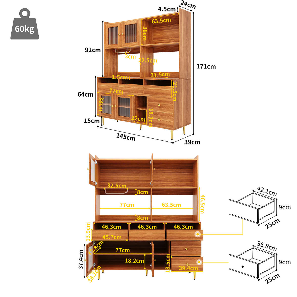 BUFFET mit Changhong-Glastür 145 x 39 x 171 cm MDF Walnut Brown - Braun, Holzwerkstoff (39/171/145cm) - Meubliv
