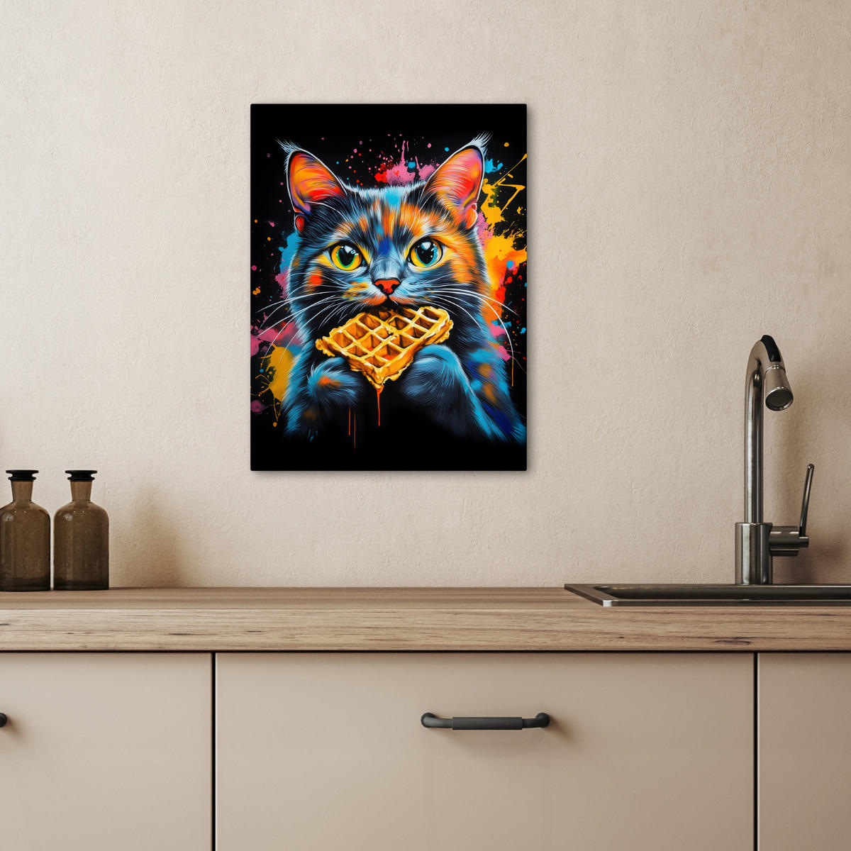 LEINWANDBILD Katze - Graffiti - Bunt - Waffel - Essen 30x40 cm - Türkis, Textil (30/40cm) - MuchoWow