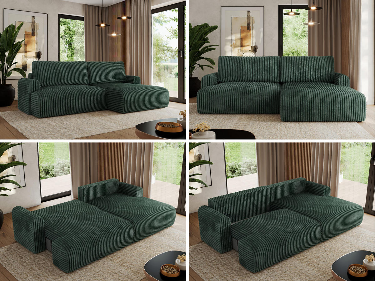 ECKSCHLAFSOFA TONO L Grün Cord - rechts - Schwarz/Grün, Kunststoff/Textil (150/260cm) - MKS