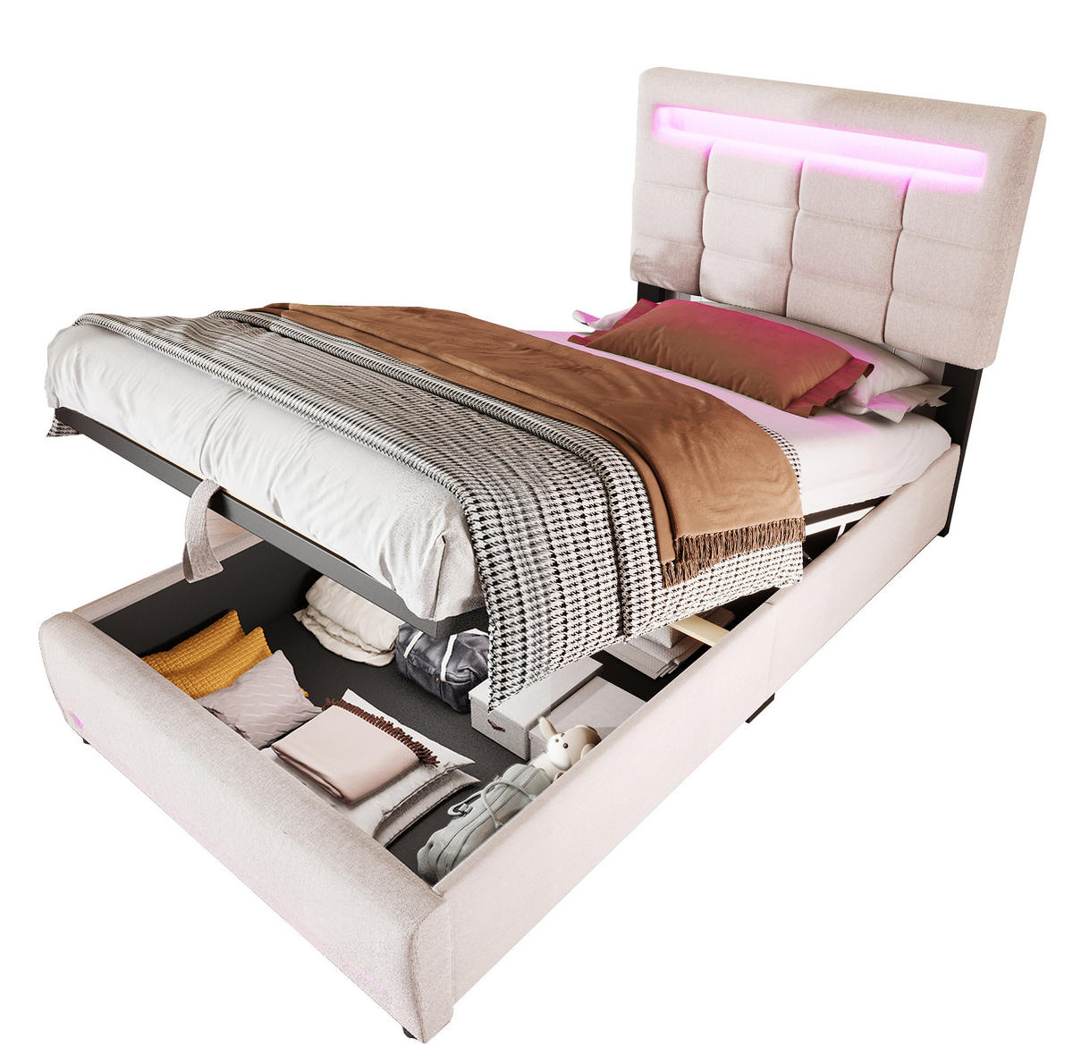 POLSTERBETT 90/200 cm mit Bettkasten, LED-Beleuchtung und USB in Beige - Beige, Textil (90/200cm) - BEAOK